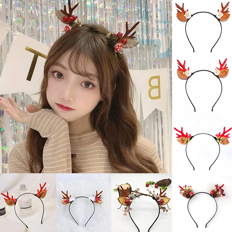 

Kids Adults Christmas Headband with Deer Horn Elk Cat Ear Photo Props Party Festival New Year Headdress Decor Hair Accessories