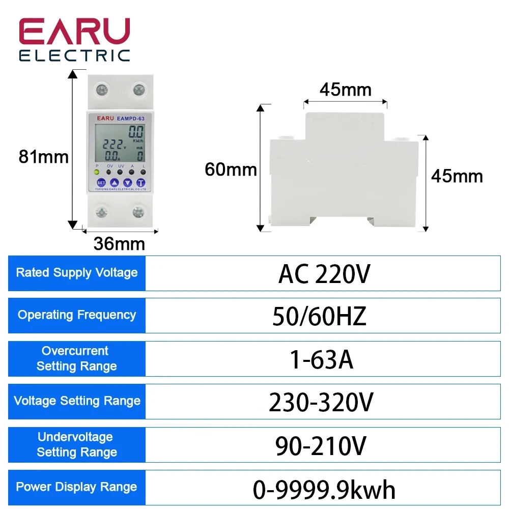 Tuya WiFi Smart Energy Meter 230V Adjustable Current Earth Leakage Protection Over Under Voltage Protector Relay Device Breaker