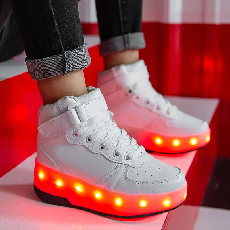 LED Children Two Wheels High Shoes Fashion PU Leather Kids Roller Skates USB Charging Boys & Girls & Adults Sneakers Size 28-41