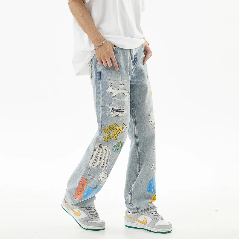 Street Hip-Hop Printed Jeans Men's Trendy Personality Loose Straight Wide Leg Casual Retro High-End Washed Trousers
