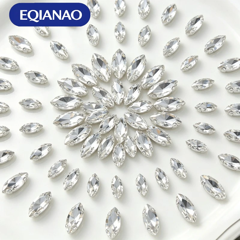 EQIANAO 50개 말 눈 모양 바느질용 라인스톤 화이트 크리스탈 아플리케 ..