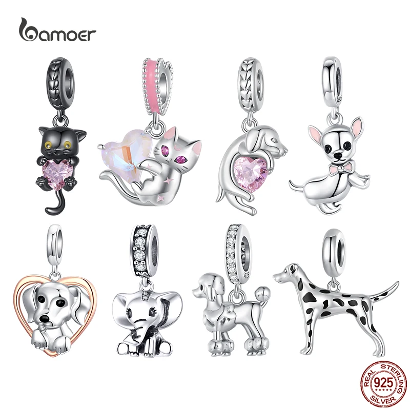

Bamoer 925 Sterling Silver Dog Animal Beads Heart Crystal Cat Elephant Charms Fit Bracelet Original DIY Necklace Jewelry Making