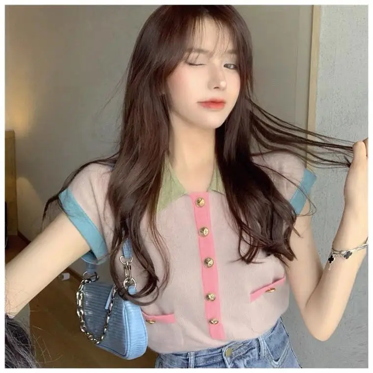 

Женский кардиган с отложным воротником, шерстяной вязаный облегающий свитер контрастных цветов, Модный летний Повседневный Топ, P179, 2023