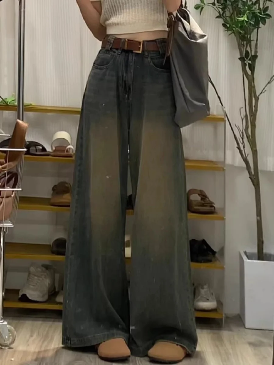 plus Size Women's American High Street Wide Leg Jeans Vintage Drapey Loose High Waist Straight Long Pants Slimming Effect