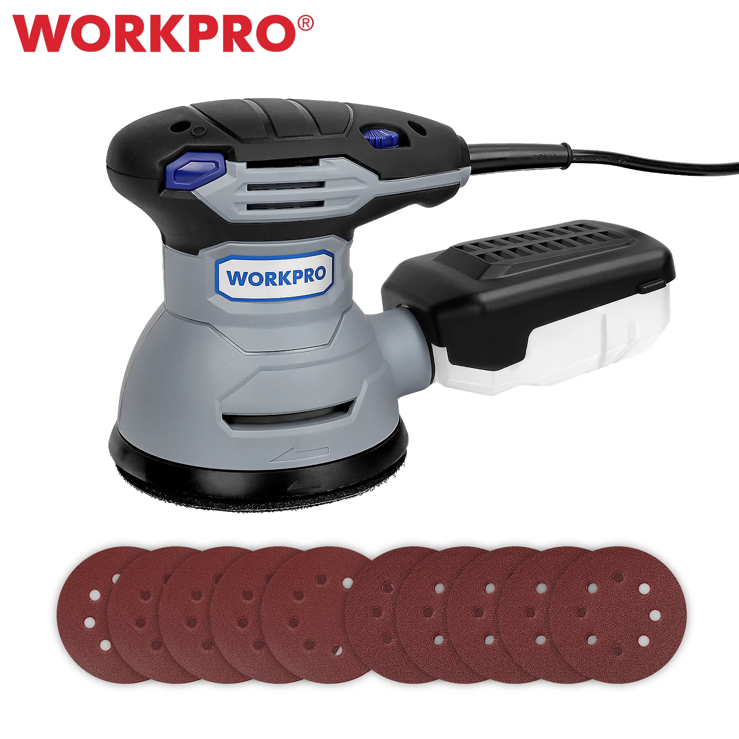 WORKPRO 300W Random Sander with Variable Speed Random Orbit Sander with 10PC Sandpaper Dust Exhaust And Hybrid Dust Canister