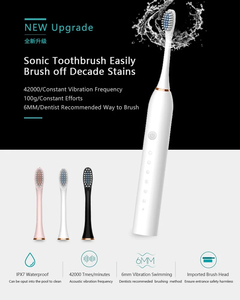 Toothink Electric Toothbrush Smart Timing Tooth Brush Rechargeable Teeth Clean Whitening Sonic Toothbrush With Replacement Head 2
