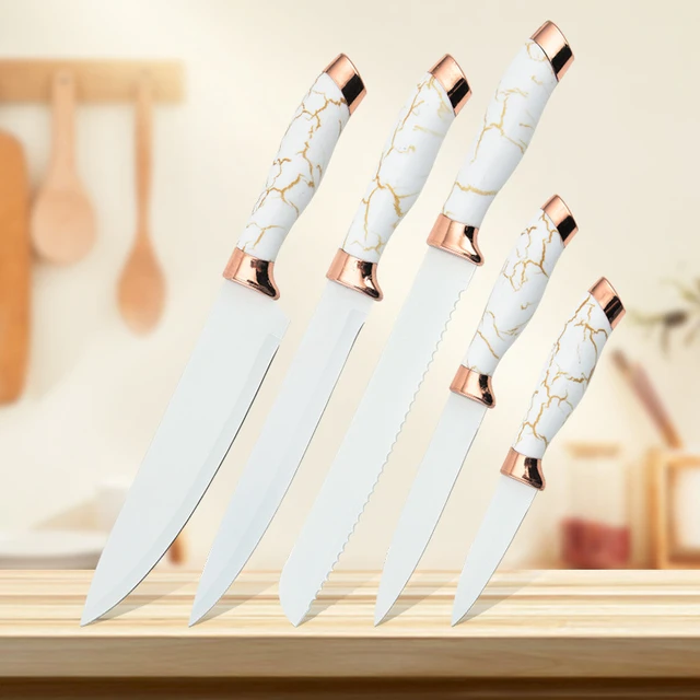 MOONBIFFY 1/5/6PCS White Marble Cracked Kitchen Knife Sets Handle