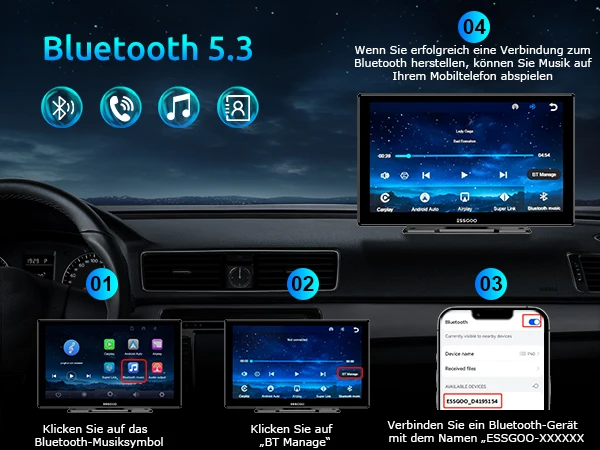 ESSGOO 9 Zoll IPS HD Touchscreen Universal Tragbar Autoradio Multimedia Player Wireless Apple Carplay Android Auto USB TF AUX Bluetooth Mirror Link KI-Sprachsteuerung Google Assistant FM – Detail 8