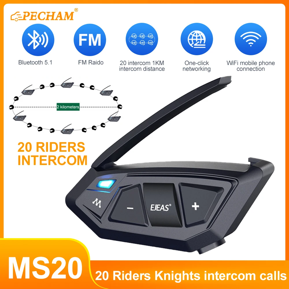 

MS20 Motorcycle Helmet Intercom Wireless Bluetooth Headset Mesh Interphone Communicator For 20 Riders Group Music Sharing FM