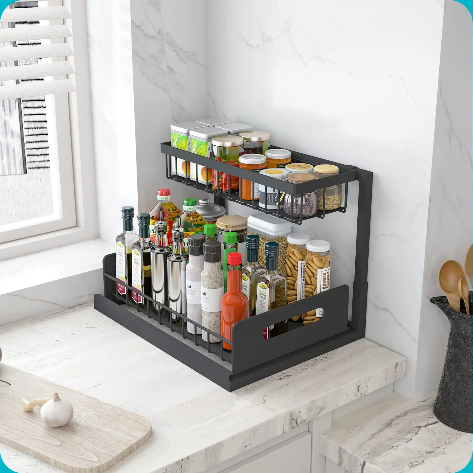 Under Sink Organizer, Pull Out Cabinet Organizer 2 Tier Slide Out Sink Shelf Cabinet Storage Shelves, Kitchen Under Storage