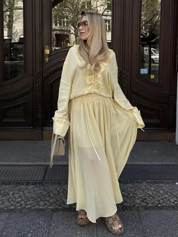 HH Women Elegant Yellow Ruffles Shirts Skirts Suits V Neck Lace-up Blouse Pleated Midi Skirt Summer Casual Maternity Outfit