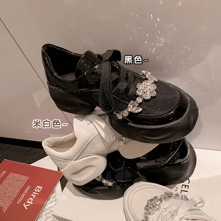British Style Fashionable Rhinestone Loafers, Black Versatile Thick Soles, Thick Heels, Lace Up, One Foot Casual Single Shoes