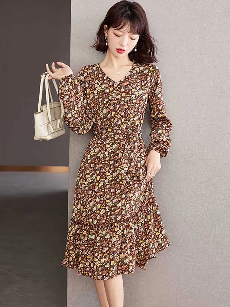 

Spring Autumn Floral Chiffon Midi Dress Women V-Neck Casaul Boho Beach Dress 2024 Korean Elegant Bodycon Chic Party Night Dress