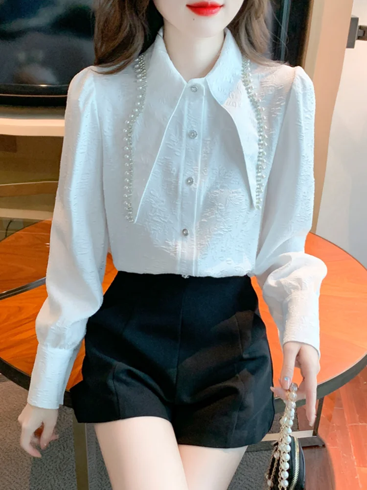 

SMTHMA New Autumn Luxury Beaded Diamond Blouse Shirt For Women's Long Sleeve Versatile White Elegant Top