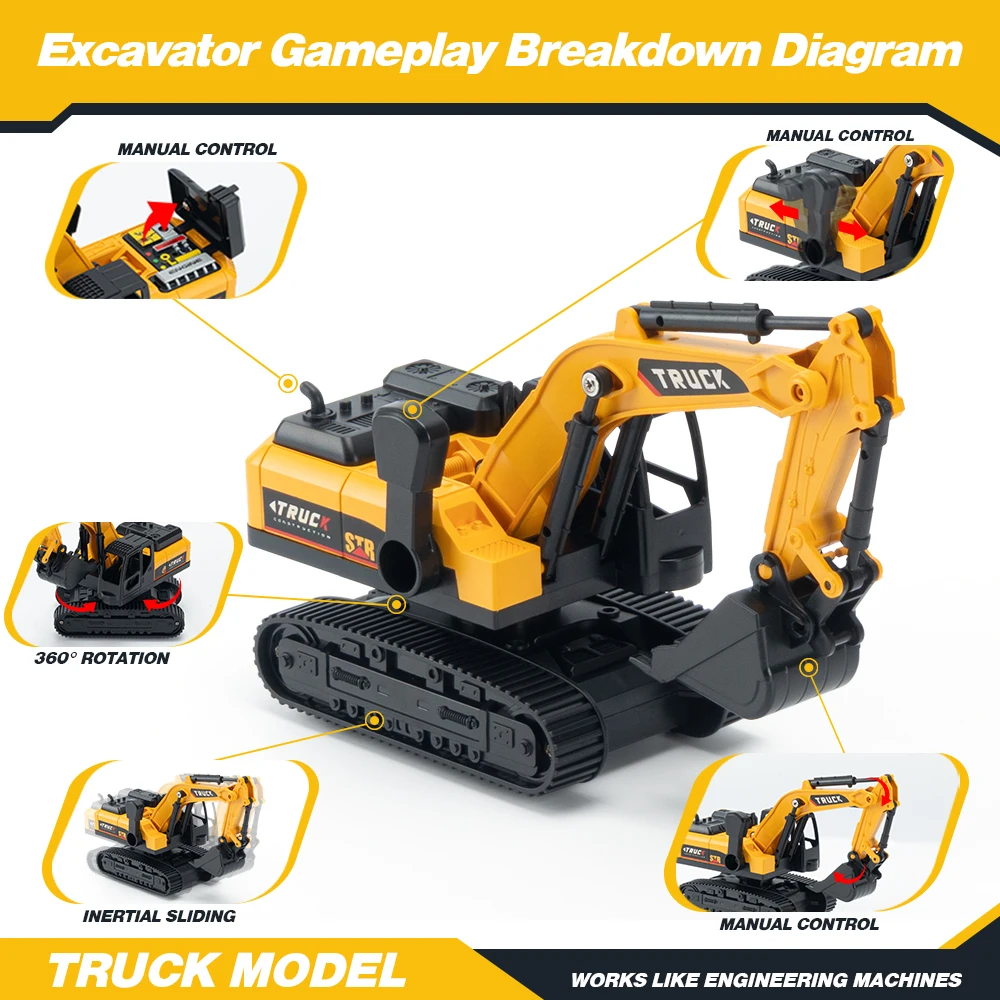 Teeggi 6CH RC Flachbett-LKW mit Trägheitsbagger Kinderspielzeug 2,4G Ferngesteuertes Elektroauto für Kinder Halloween-Geschenk – Detail 1