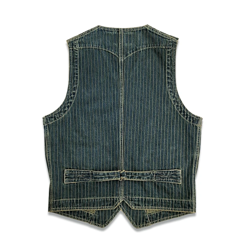 Men's Striped Denim Vest V-neck Slim Fit Western Classic