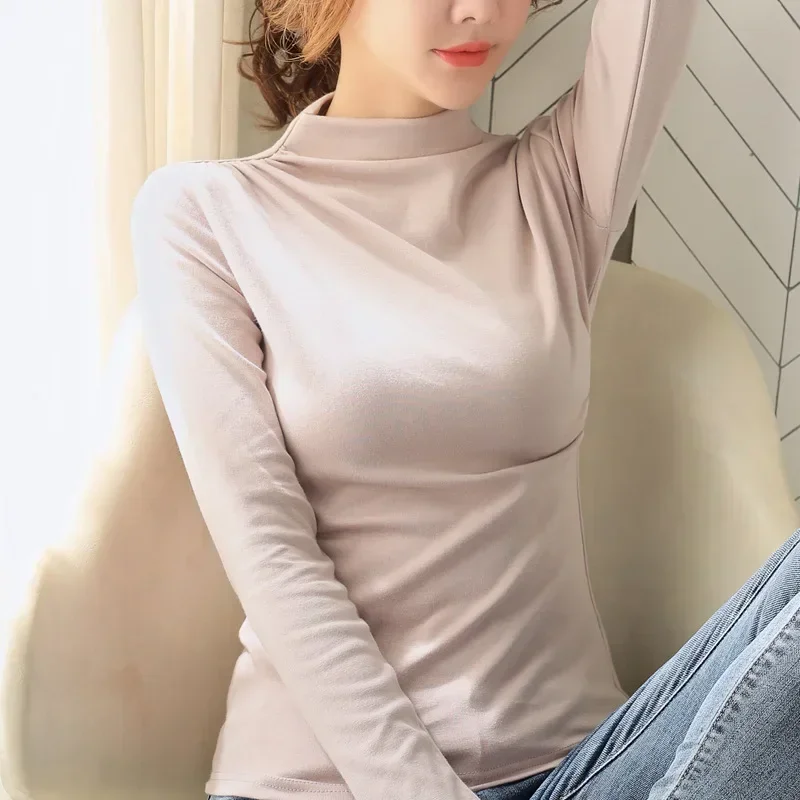 

Женская Однотонная футболка из чистого хлопка, с высоким воротником и длинным рукавом, весна-осень