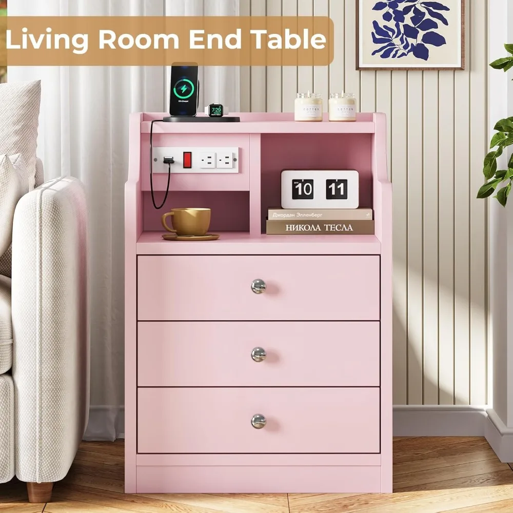 Night Stand Set 2,Pink Nightstand with Charging Station & Hutch,Night Stands for Bedrooms Set of 2,Bedside Table with Drawers 6