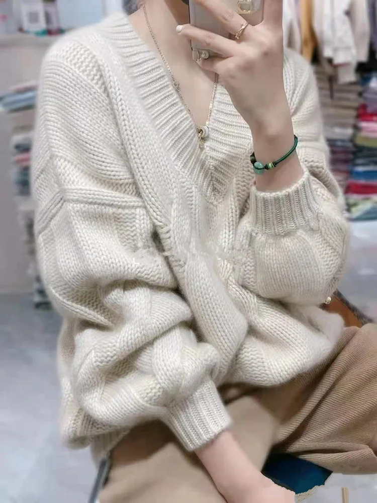 long black cardigan 2022 soft and thick cashmere sweater women autumn and Winter Bubble Sleeve v neck loose lazy wind wool knitted sweater foundatio ladies sweater