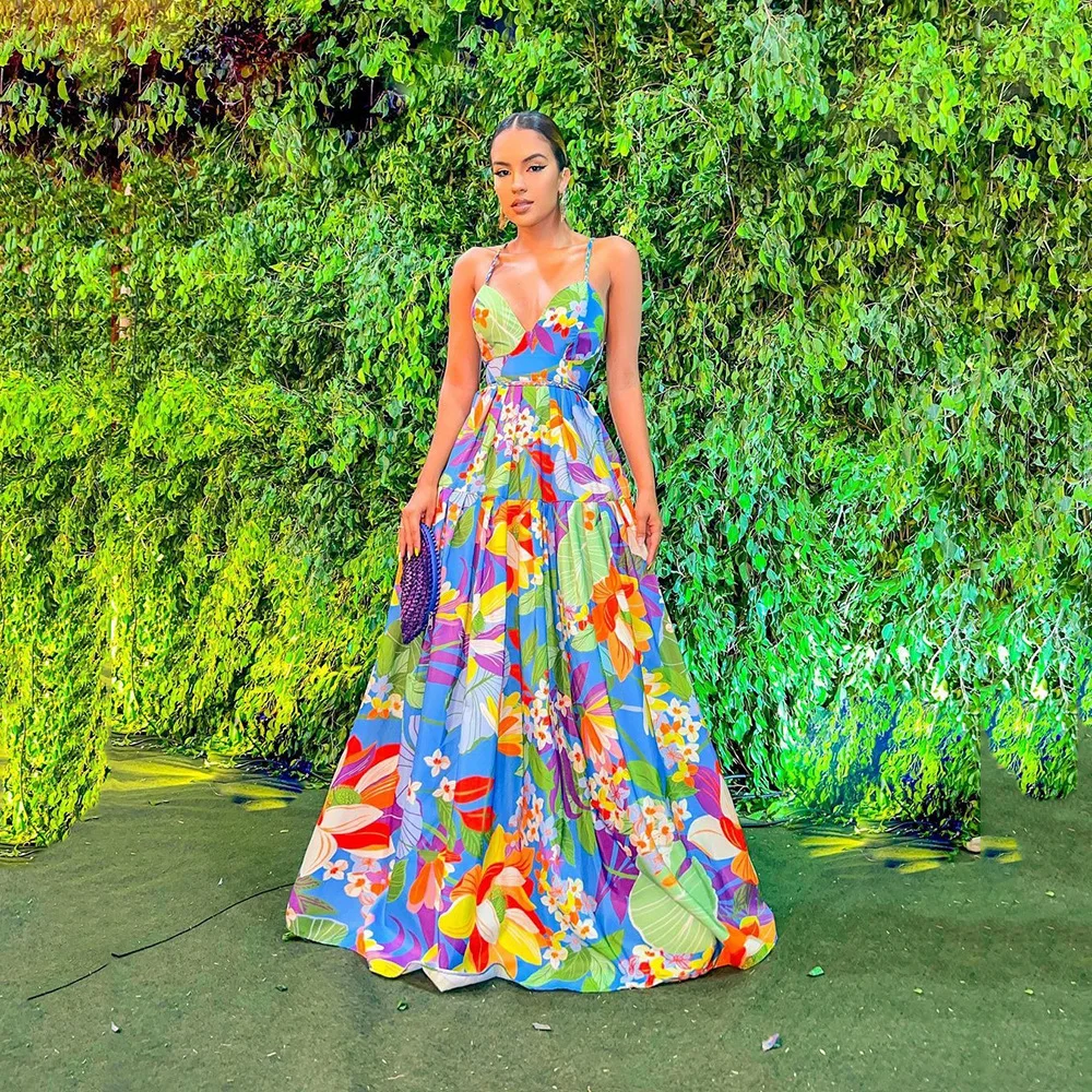 Color Flower Print Spaghetti Strap Evening Dresses Women Temperament Sexy V-neck Backless Beach Vacation Party Long Dress Female