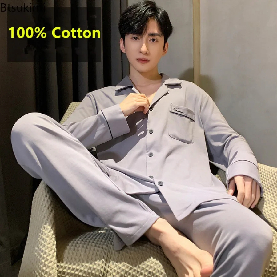 Spring Autumn New Men's Fashion Pajamas Sets Long Sleeves Pure Cotton Home Clothes Male Breathable Big Size Nightwear Young Teen