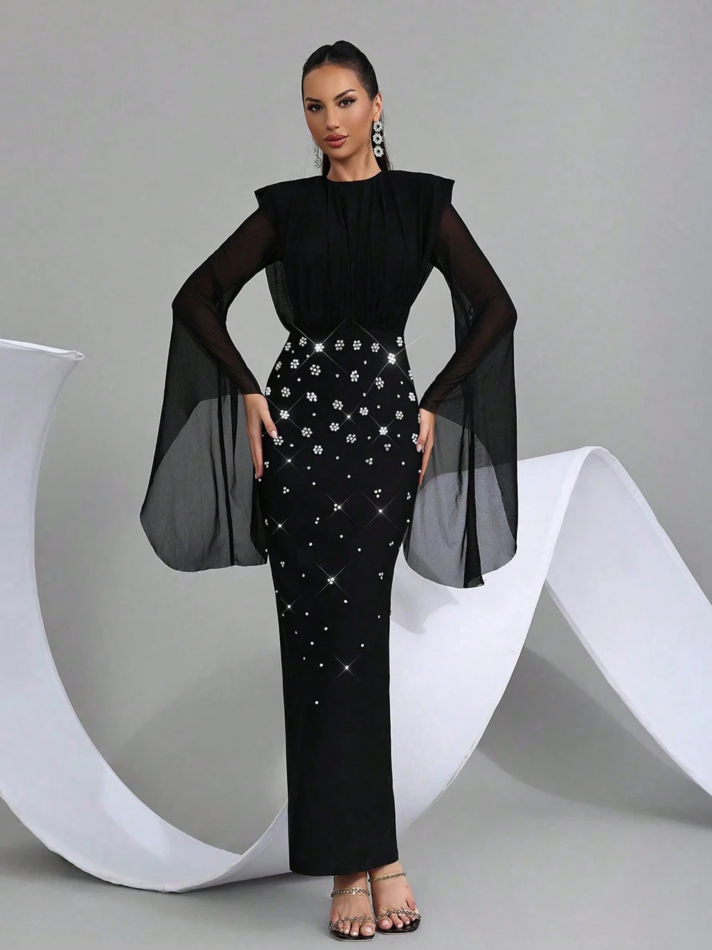 Sheer cape crystal-embellished maxi dress front view
