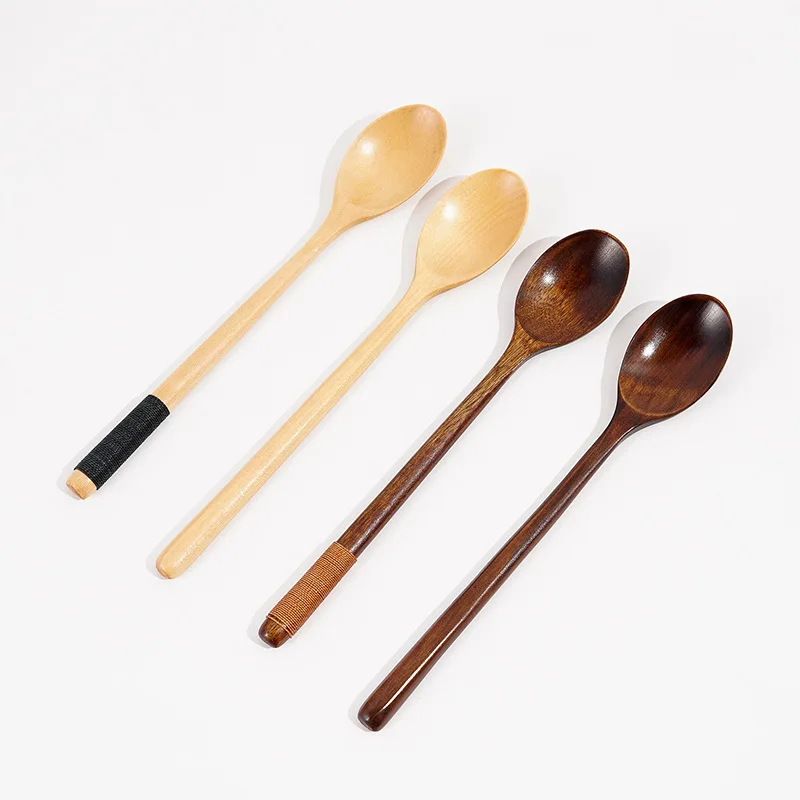 

23CM Handmade Wooden Spoon Wrapped Wire Dessert Rice Soup Scoop Japanese Tableware Long Handled Wood Mixing Spoon Kitchen Tool