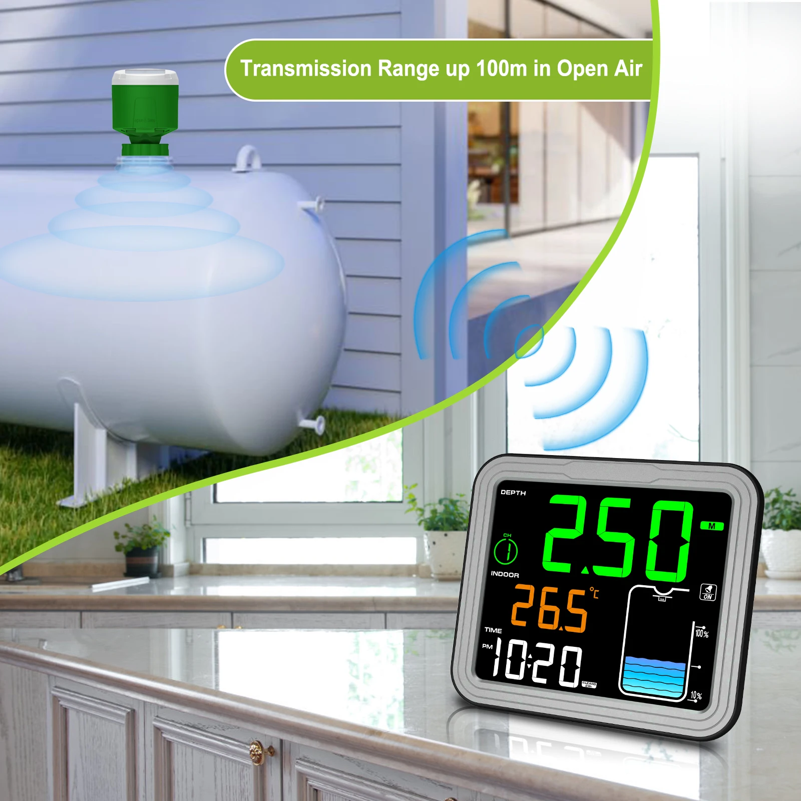 Solar Ultrasonic Water Level Sensor - Wireless Tank Level Meter with LCD Display