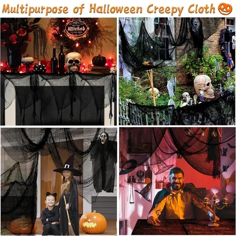 Schwarze Halloween-Gaze, Horror, Spukhaus-Dekoration, schwarzes Netz, gruseliges Tuch, Zuhause, Terrasse, Garten, Wand, Gaze, Terror, Szene, Requisite – Detail 9