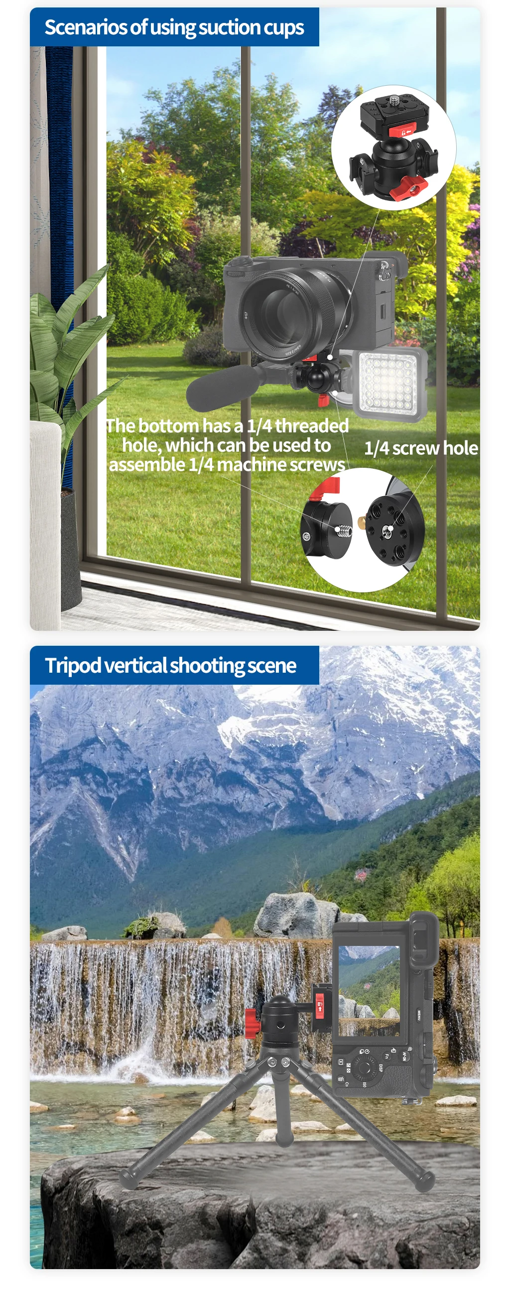 Stativ mit Schnellverschluss, 1/4 Kugelkopf 360° ° Rotations-V-Montageplatte für Gopro OSMO 360, Kamerastativ, Gimabl-Scheinwerferhalterung – Detail 10