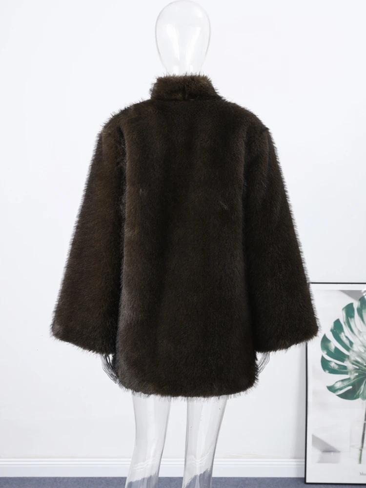 Damen-Wintermäntel, Midi-Kunstpelzmantel, Herbst 2022, weiblich, luxuriös, langärmelig, übergroß, warme Jacke, schicke Damen-Oberbekleidung, Neu – Detail 6