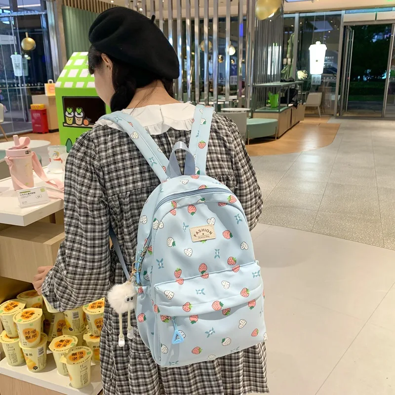 Strawberry Print Backpack Warterproof Nylon Women Anti-theft Shoulder Bag Large Capacity School Bag For Girls Travel Rucksack 4