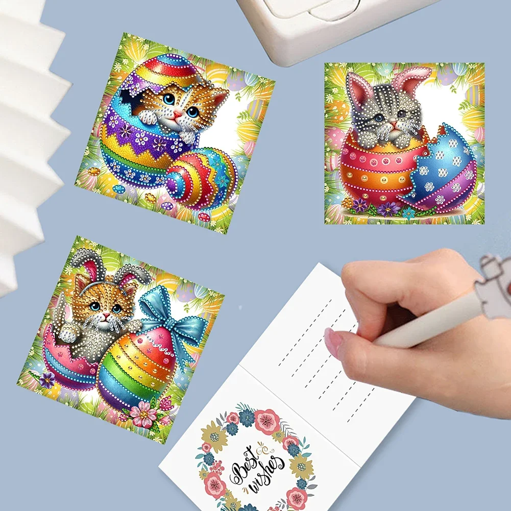 6Pcs Easter Rabbit Rhinestone Painting Card Kit Diamond Daily Wish Card Diamond Painting Greeting for Family Friends Gift