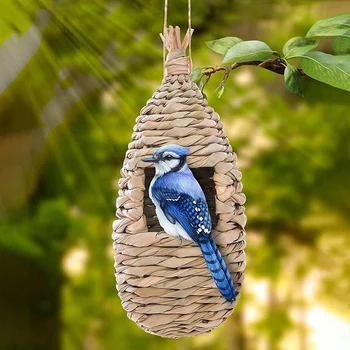 Casetta per Uccelli Decorativa Intrecciata a Mano per Esterni, Rifugio Creativo Sospeso per Pappagalli, Nido per Uccelli con Design Intrecciato, Decorazione da Giardino