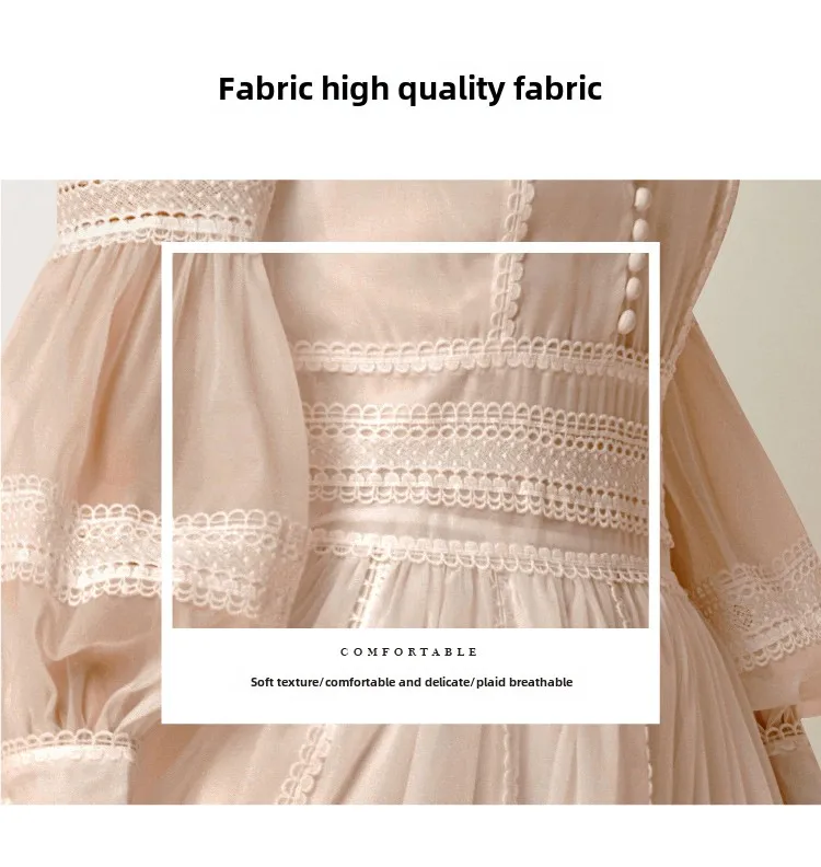 2024 French Elegant Lace Splicing Waist Lantern Sleeve Dress Vintage High Collar Princess Dress Organza Cocktail Women's Wear
