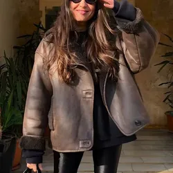 New Leather Jacket Women Winter Coats Fashion Thick Warm Jacket Coat Vintage Long Sleeve with Pockets Female Outerwear Chic Tops