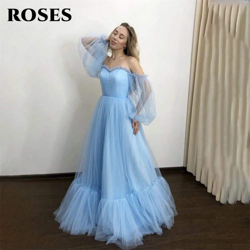 

ROSES Off The Shoulder Long Party Dresses Lantern Sleeves Vintage Night Dresses Tulle Sky Blue Celebrity Dress vestidos de fiest