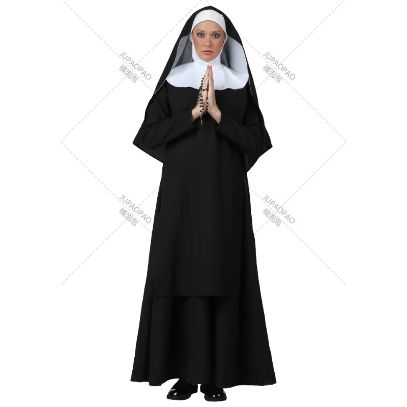 

Nun Sister Habit Costume Halloween Women's Christian Missionary Catholic Cosplay Carnival Fantasia Fancy Dress Balck Long Dress