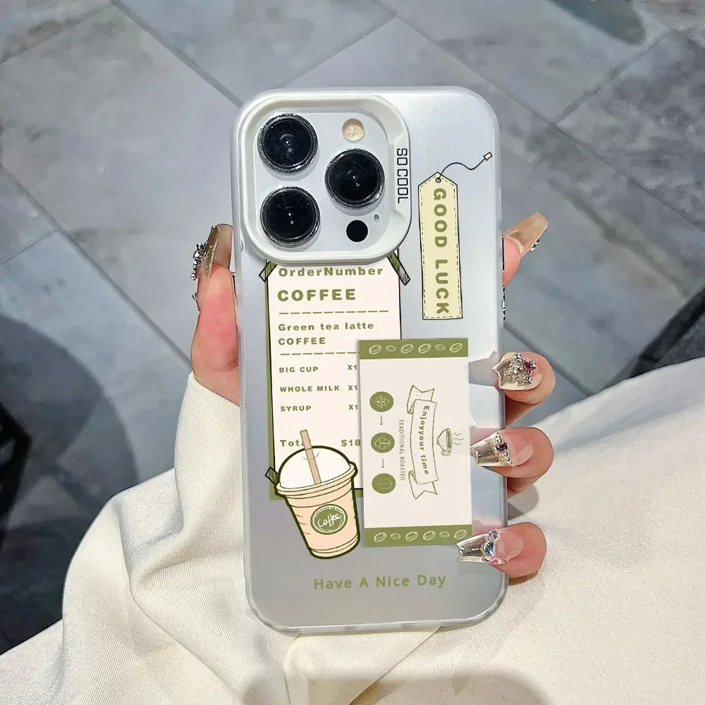 Trendy Luxury Silver Matte Shockproof Phone Case with Coffee Label Design