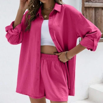 Solid Color Casual Loose Short Pants Sets For Women 2025 Elegant Summer Women's Two Pieces Suit Full Set Female Outfit Clothes