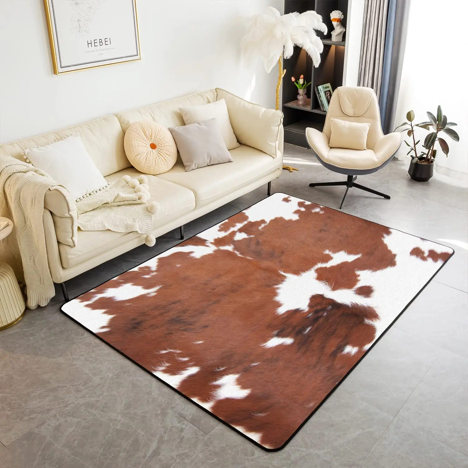 Western Cowhide Area Rug Cow Fur Print Rug Rustic Farm Animal Carpet for Boys Girl Cowboy Non Slip Door Mat Sofa Table Floor Rug