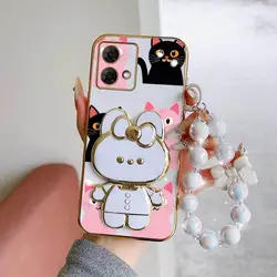 Pink Heart Shape Phone Case Set with Lanyard and Rabbit Stand - Motorola Moto G82 (WHITE)