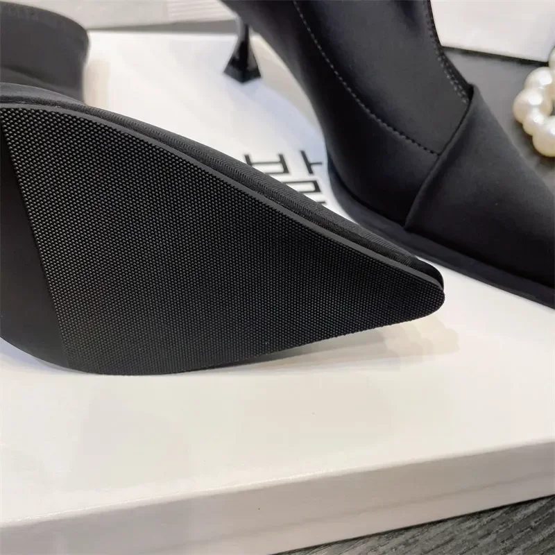 Ladies Shoes Elegant High Thin Heel New Satin Pointed Toe Short Boots Women Stretchce Temperament Ankle Boots Short Elegance