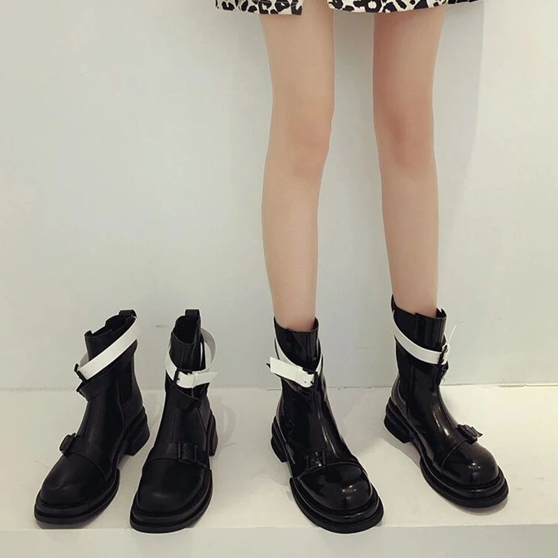 

Leather Buckle Chunky Heel Rider Boots British Style Thick Bottom Chimney Chelsea Ankle Botines Patent Leather Boats Femininas