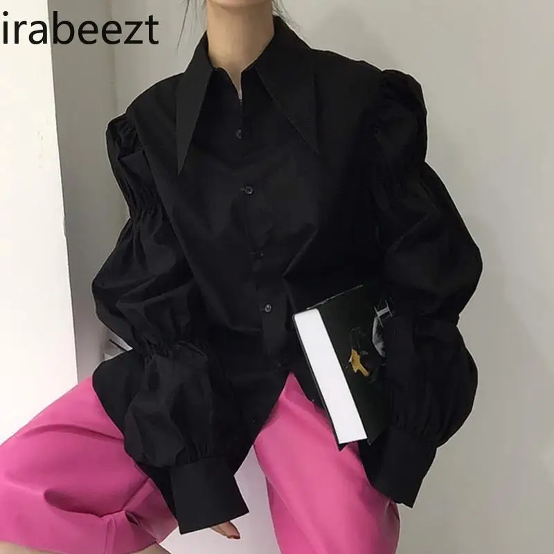Irabeezt 레트로 궁전 스타일 셔츠, 솔리드 라펠 퍼프 소매 단추 블라우스,..
