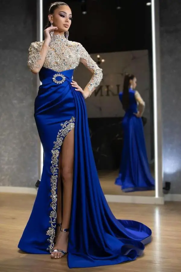 yellow prom dresses Luxury Long Sleeve Thigh-High Slits Prom Dress Classic Floor-Length Beading Draped Evening Dress Illusion Robe De Soiree blue prom dresses