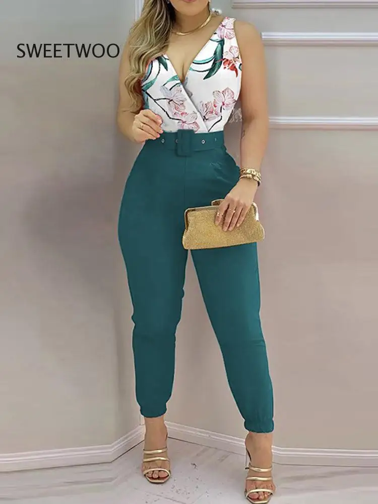 New Women Backless Casual Jumpsuits Summer Slim High Waist Pencil Pants Ladies Playsuits Sashes Printing Streetwear Dropshipping