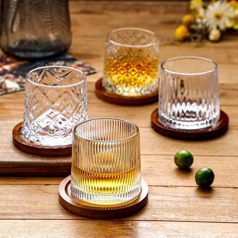 Creative Rotary Whiskey Glass Cup with Coaster Transparent Juice Cup Crystal Wine Tumbler Vodka Cognac Brandy Snifter Shake
