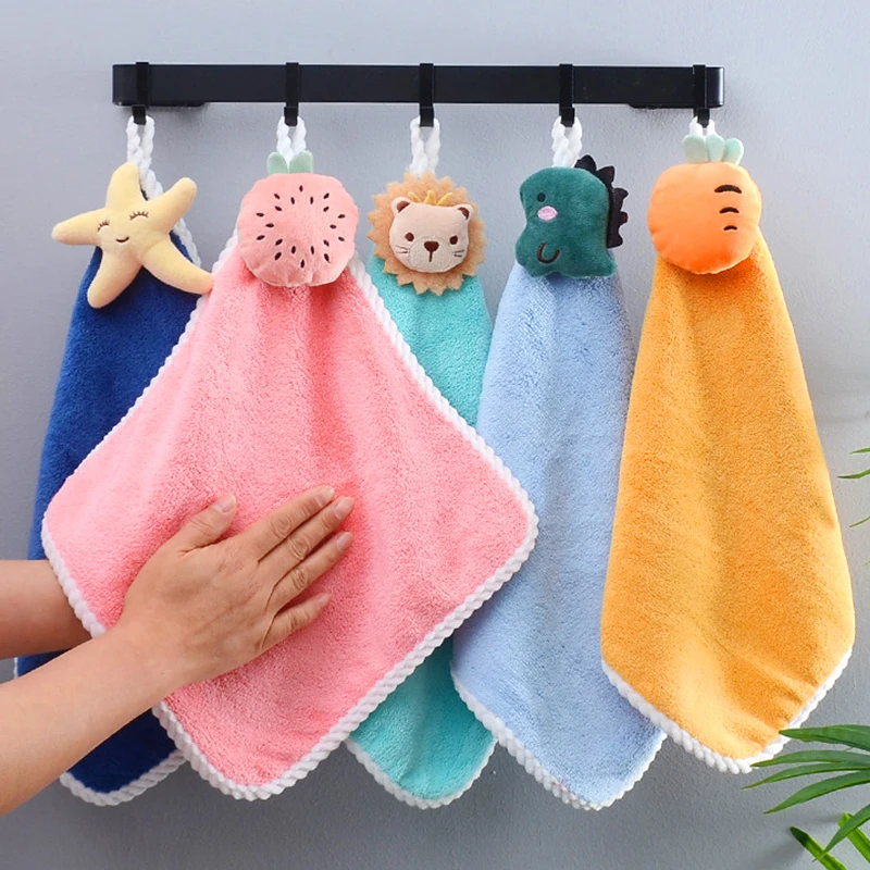 

Cute Cartoon Hanging Hand Towels Soft Plush Absorbent Children's Kids Wipes Towel Dry Handkerchief Kitchen Bathroom Wiper Cloths