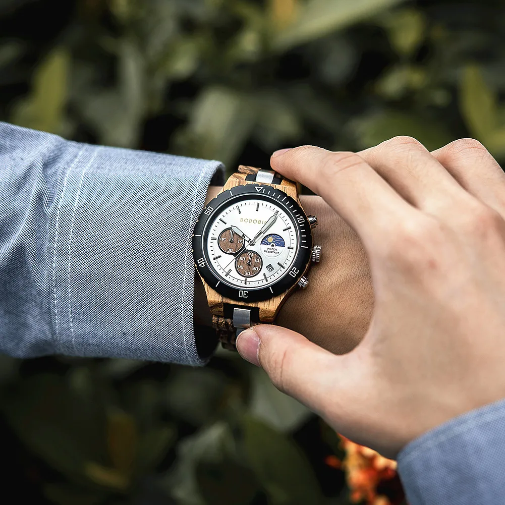 BOBO BIRD Men's Watches Wood & Stainless Steel Combined Wristwatch Chronograph Auto-Date Clock With Gift Box 6